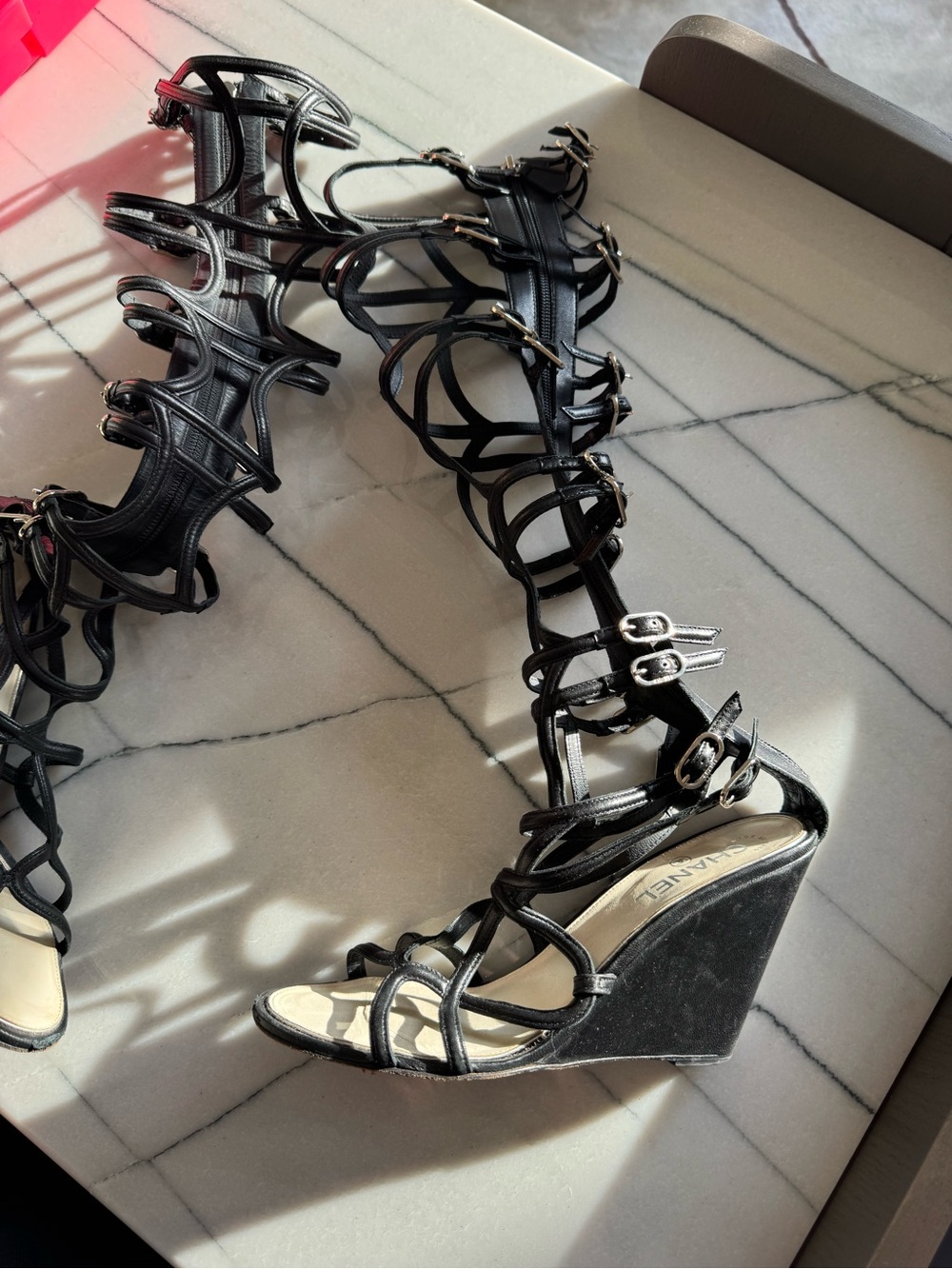 CHANEL Black Strappy Gladiator Wedge Sandals